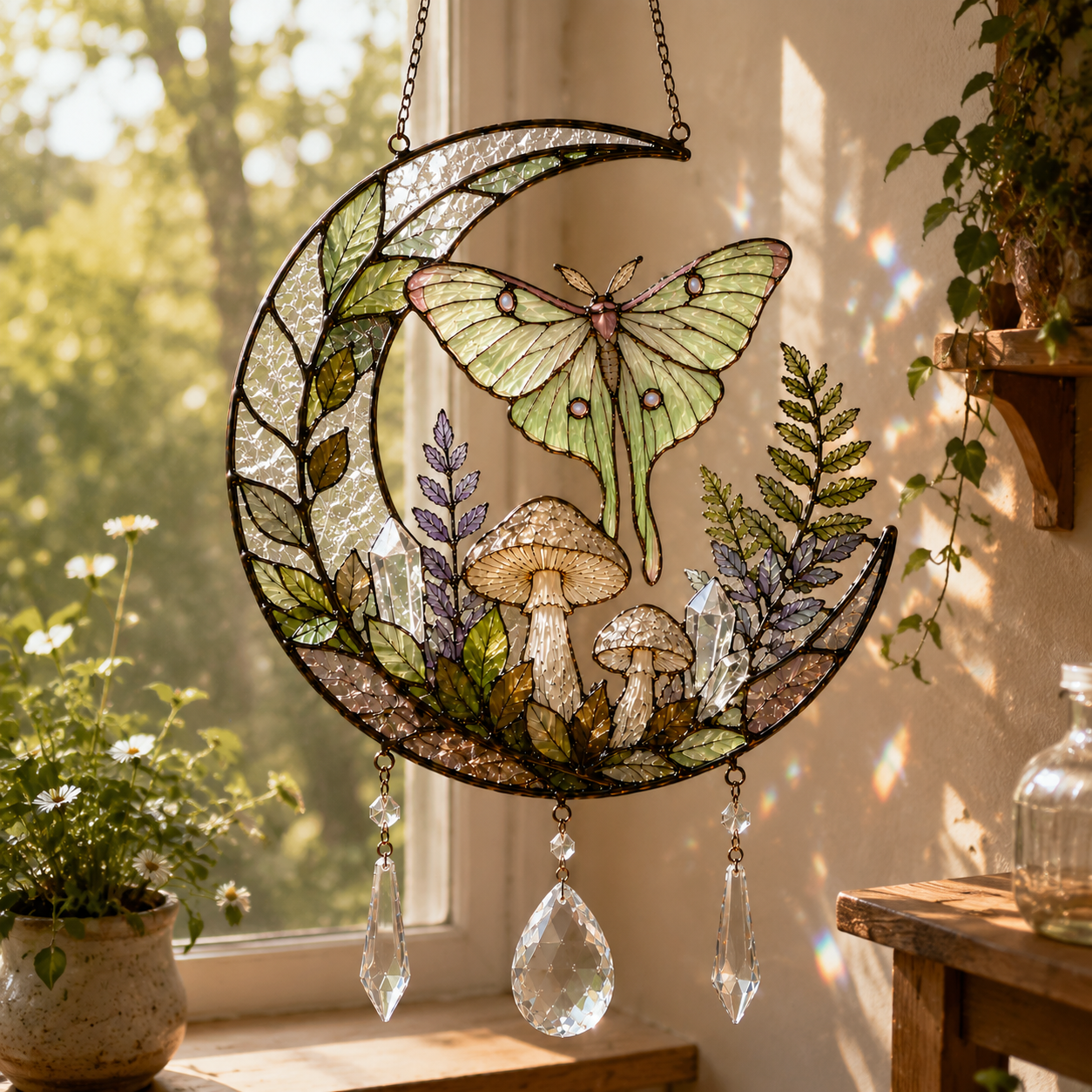 Luna Moth Moon Suncatcher | Mushroom Window Hanging | Crystal Rainbow Decor | Cottagecore Wall Decor | Nature Gift