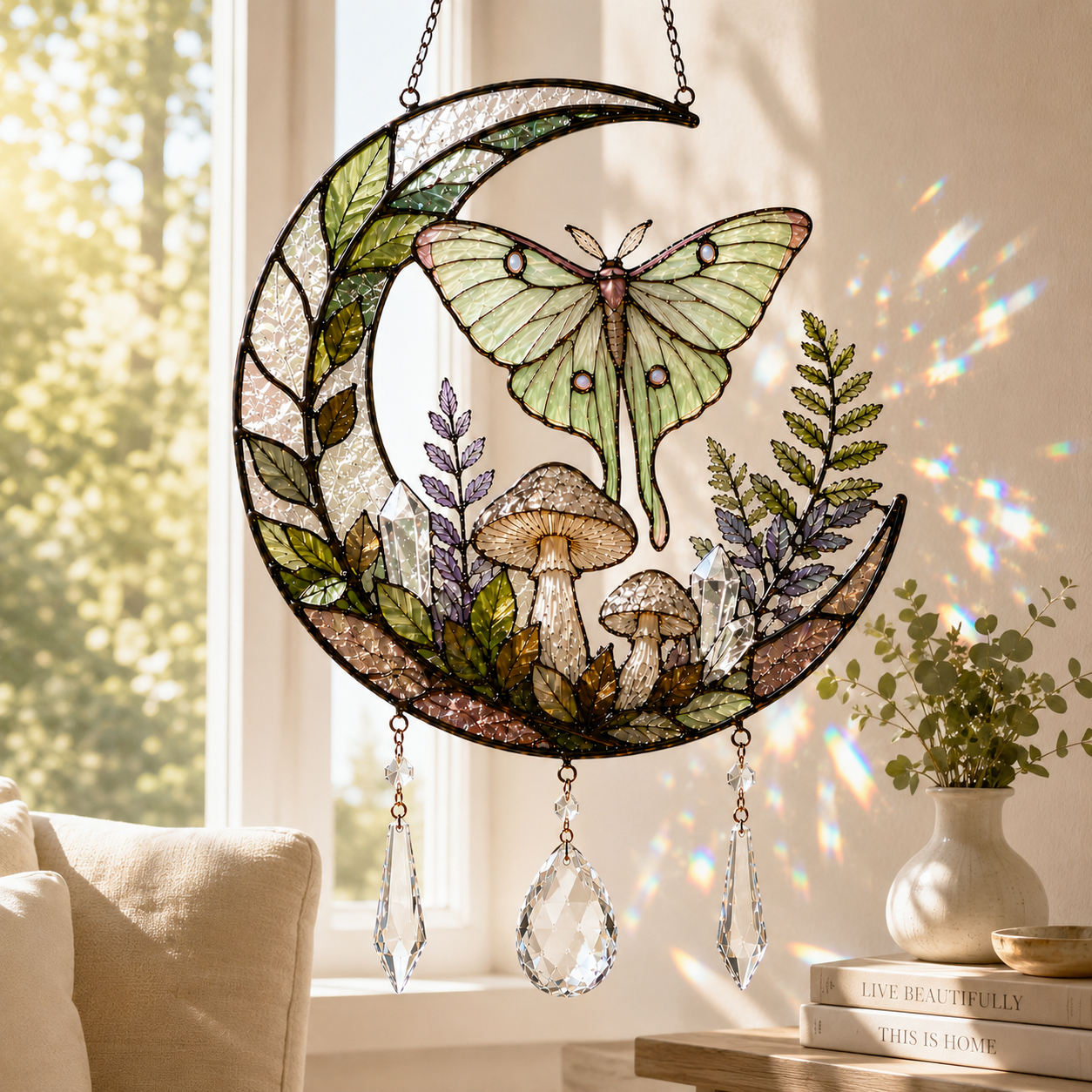 Luna Moth Moon Suncatcher | Mushroom Window Hanging | Crystal Rainbow Decor | Cottagecore Wall Decor | Nature Gift