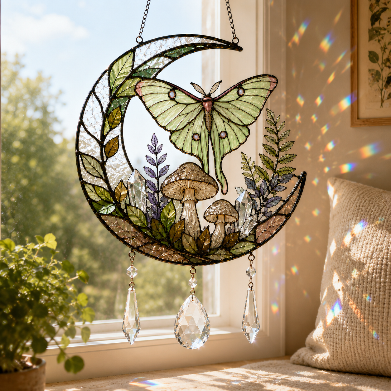 Luna Moth Moon Suncatcher | Mushroom Window Hanging | Crystal Rainbow Decor | Cottagecore Wall Decor | Nature Gift