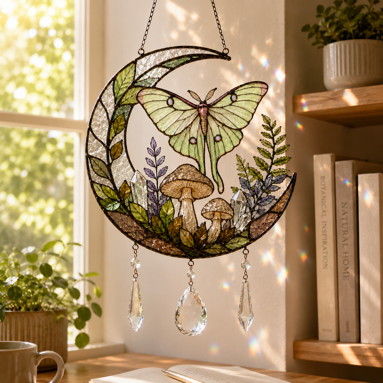 Luna Moth Moon Suncatcher | Mushroom Window Hanging | Crystal Rainbow Decor | Cottagecore Wall Decor | Nature Gift