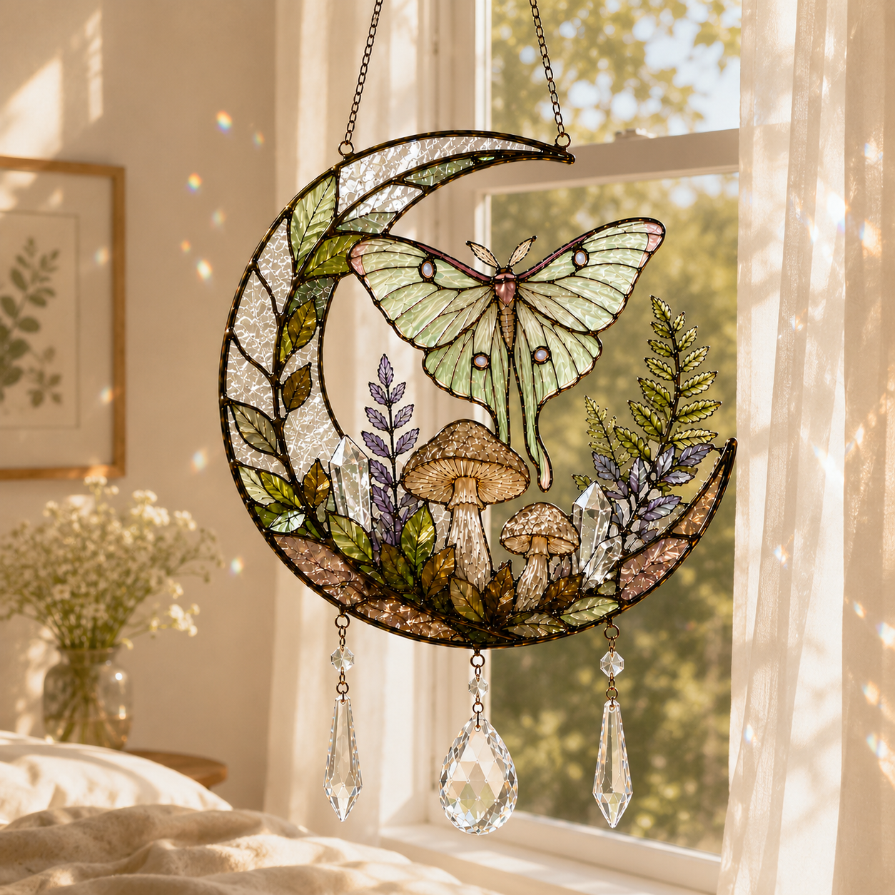 Luna Moth Moon Suncatcher | Mushroom Window Hanging | Crystal Rainbow Decor | Cottagecore Wall Decor | Nature Gift