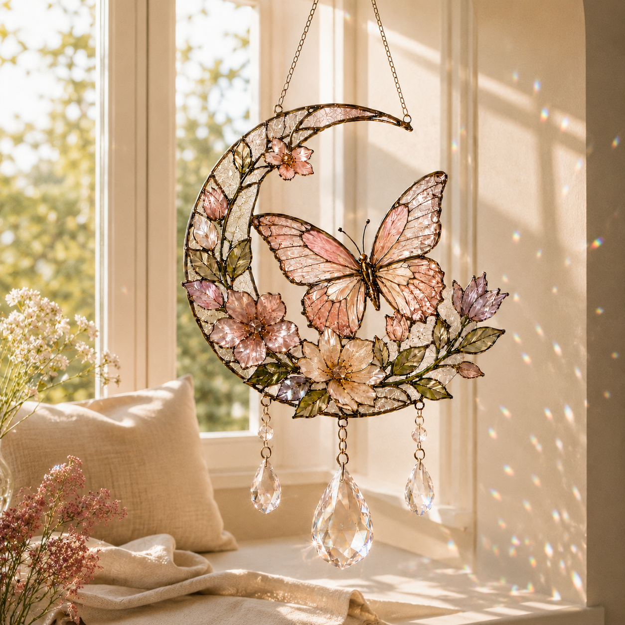 Butterfly Moon Suncatcher | Floral Window Hanging | Crystal Rainbow Decor | Cottagecore Butterfly Gift | Stained Glass Style
