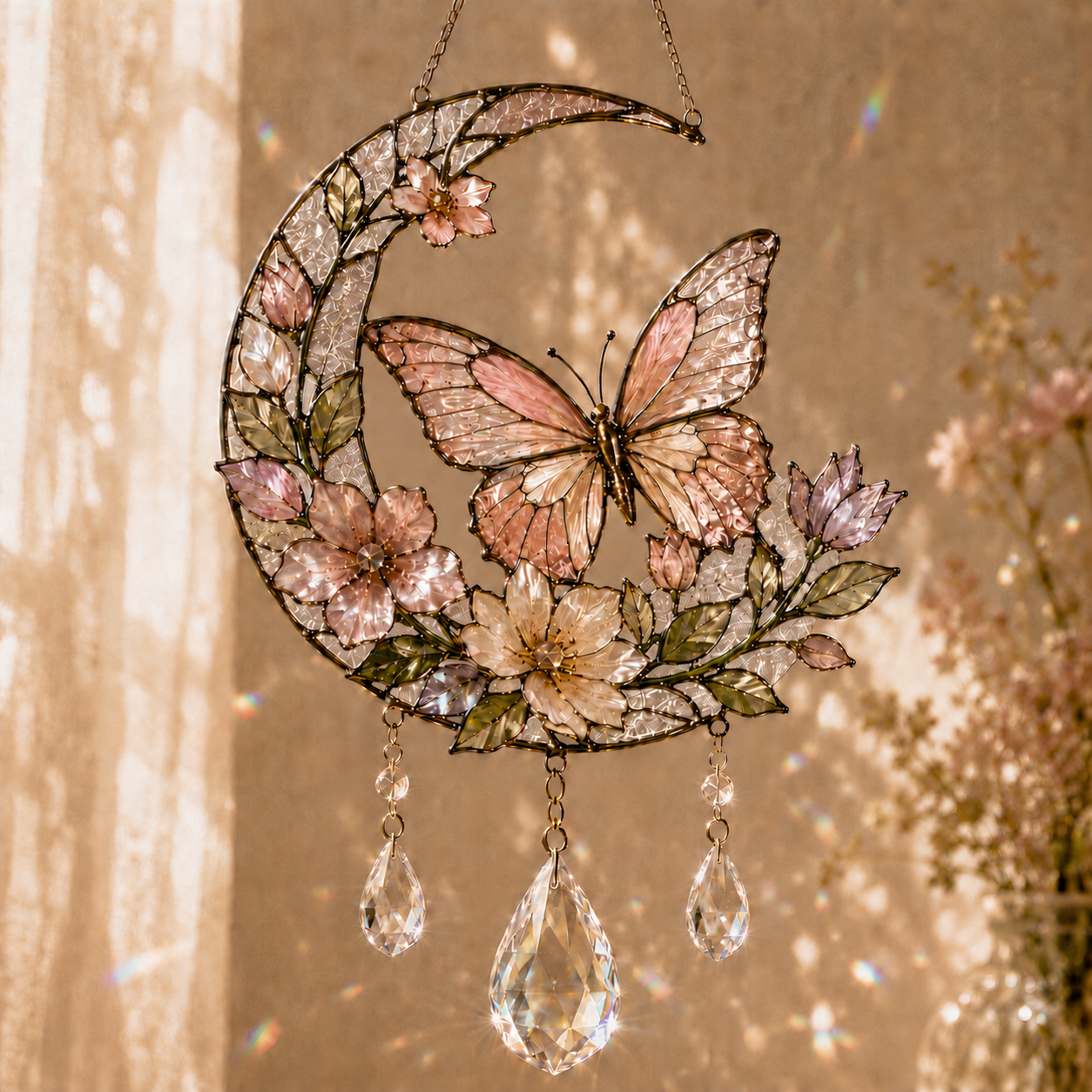 Butterfly Moon Suncatcher | Floral Window Hanging | Crystal Rainbow Decor | Cottagecore Butterfly Gift | Stained Glass Style