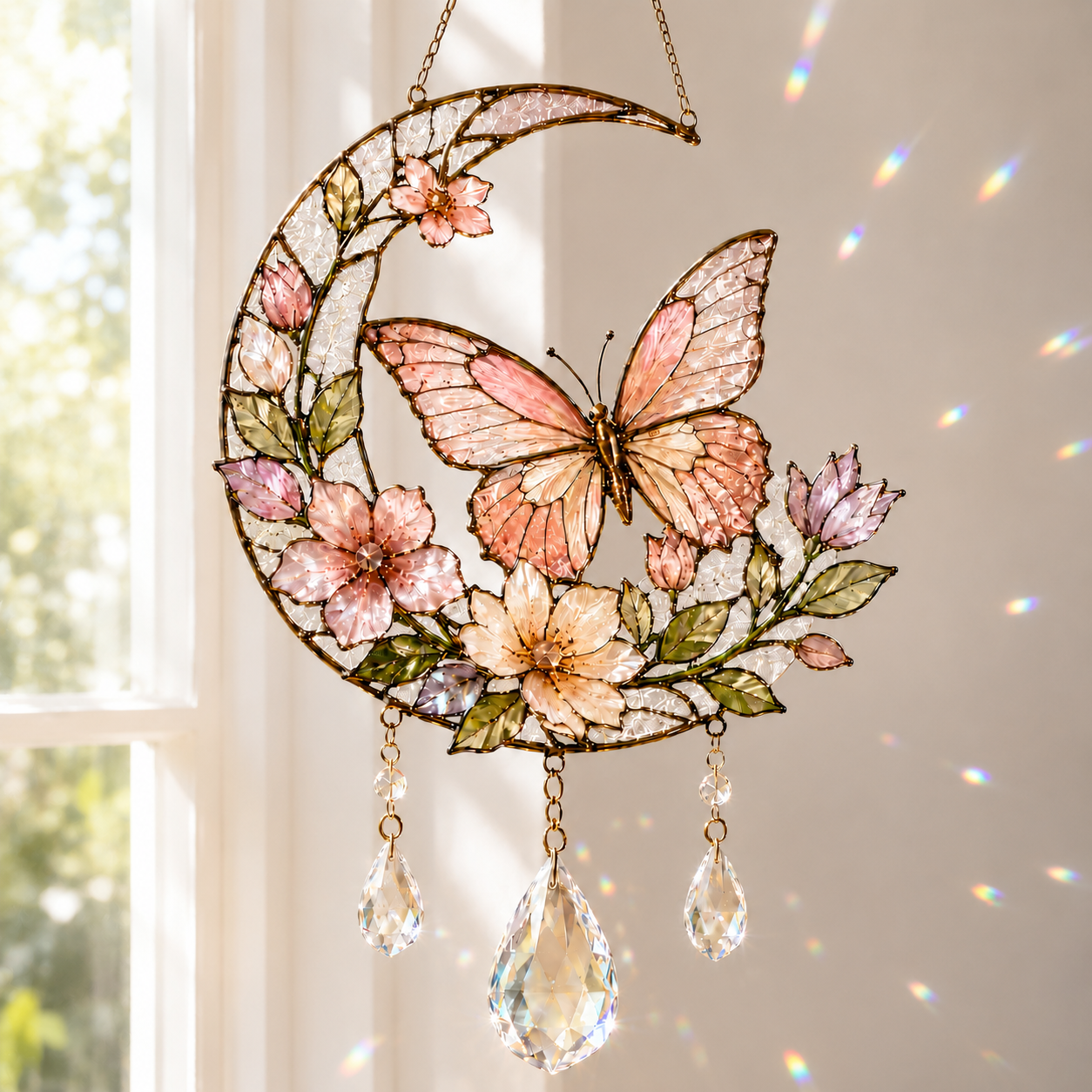 Butterfly Moon Suncatcher | Floral Window Hanging | Crystal Rainbow Decor | Cottagecore Butterfly Gift | Stained Glass Style