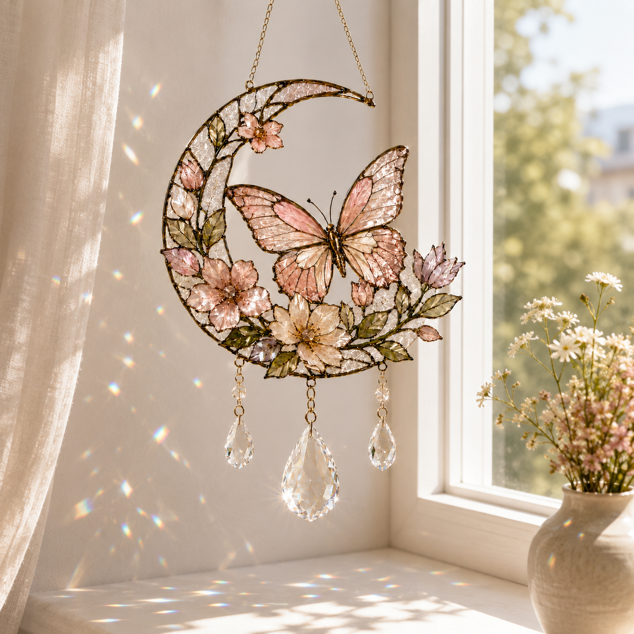 Butterfly Moon Suncatcher | Floral Window Hanging | Crystal Rainbow Decor | Cottagecore Butterfly Gift | Stained Glass Style