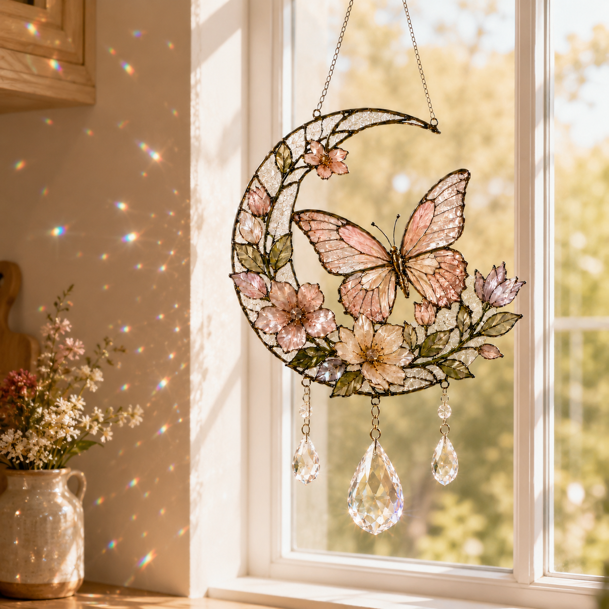 Butterfly Moon Suncatcher | Floral Window Hanging | Crystal Rainbow Decor | Cottagecore Butterfly Gift | Stained Glass Style