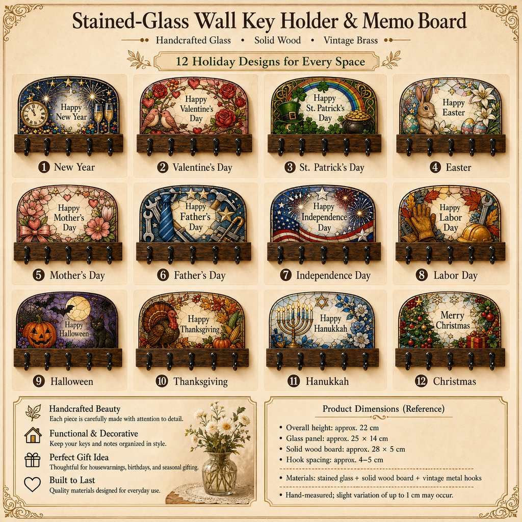 Christmas Key Holder | Stained Glass Style Wall Hooks | Holiday Entryway Organizer | Merry Christmas Decor | Housewarming Gift