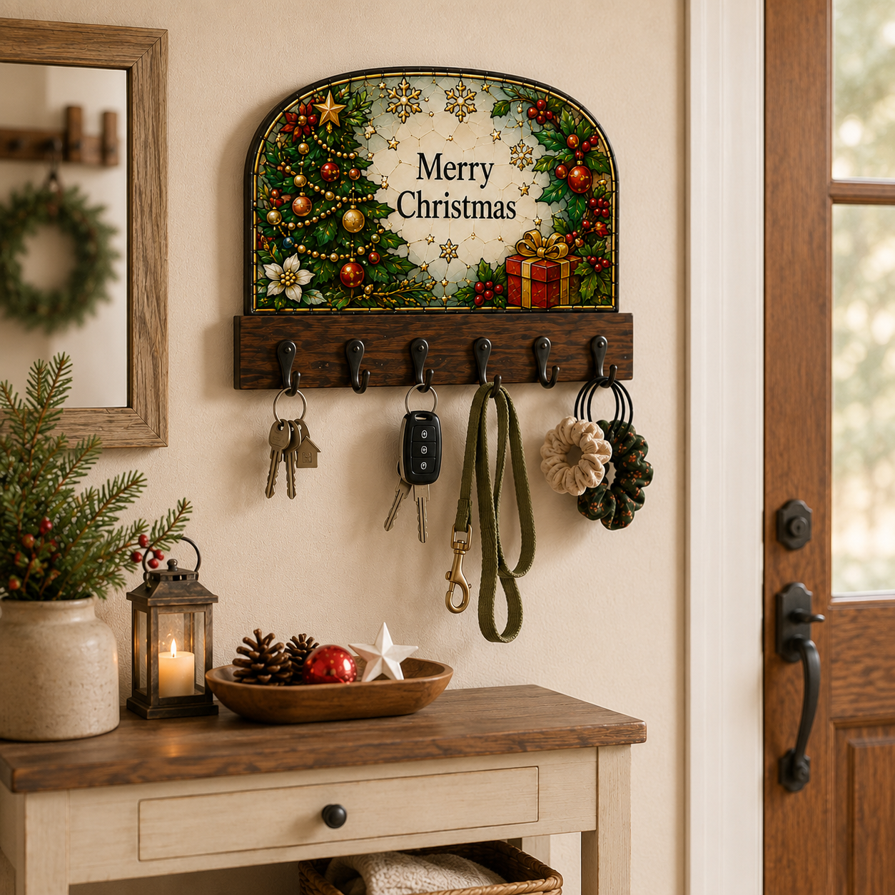 Christmas Key Holder | Stained Glass Style Wall Hooks | Holiday Entryway Organizer | Merry Christmas Decor | Housewarming Gift