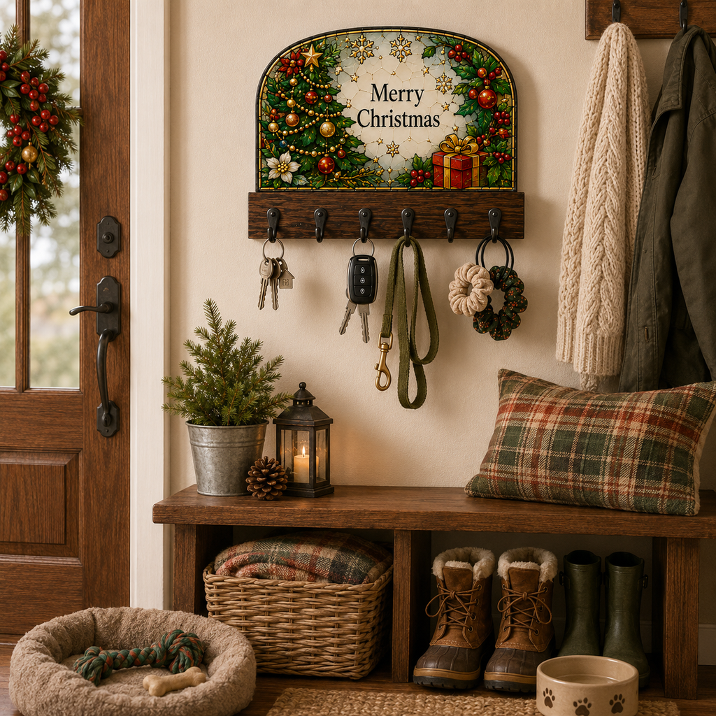 Christmas Key Holder | Stained Glass Style Wall Hooks | Holiday Entryway Organizer | Merry Christmas Decor | Housewarming Gift