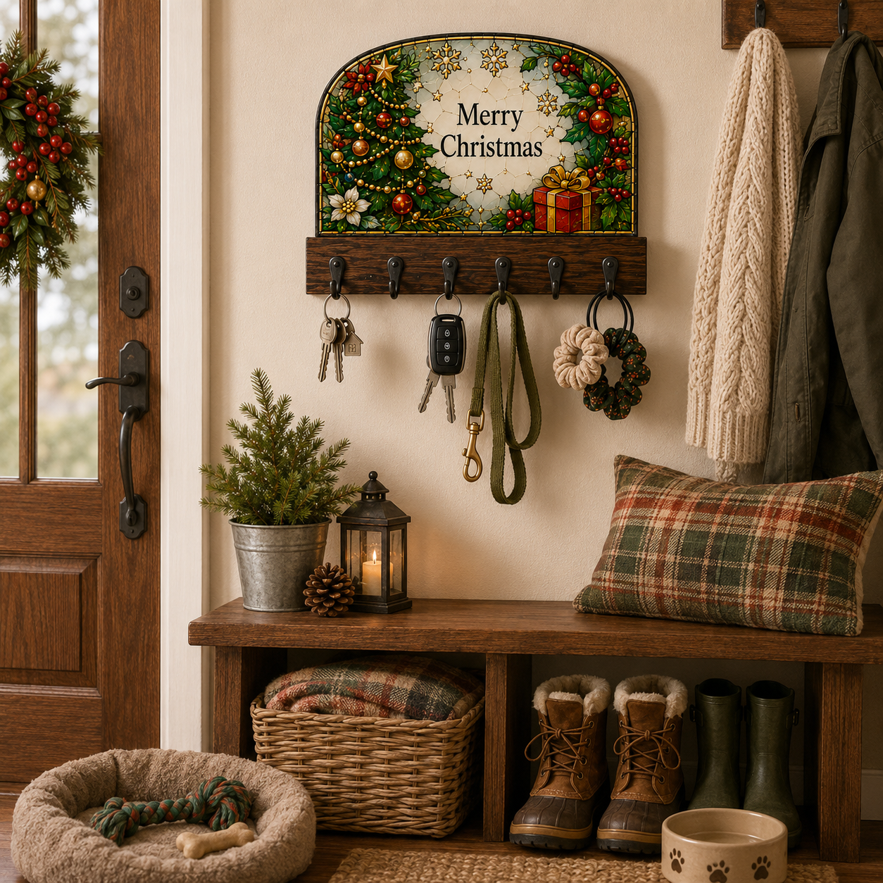 Christmas Key Holder | Stained Glass Style Wall Hooks | Holiday Entryway Organizer | Merry Christmas Decor | Housewarming Gift