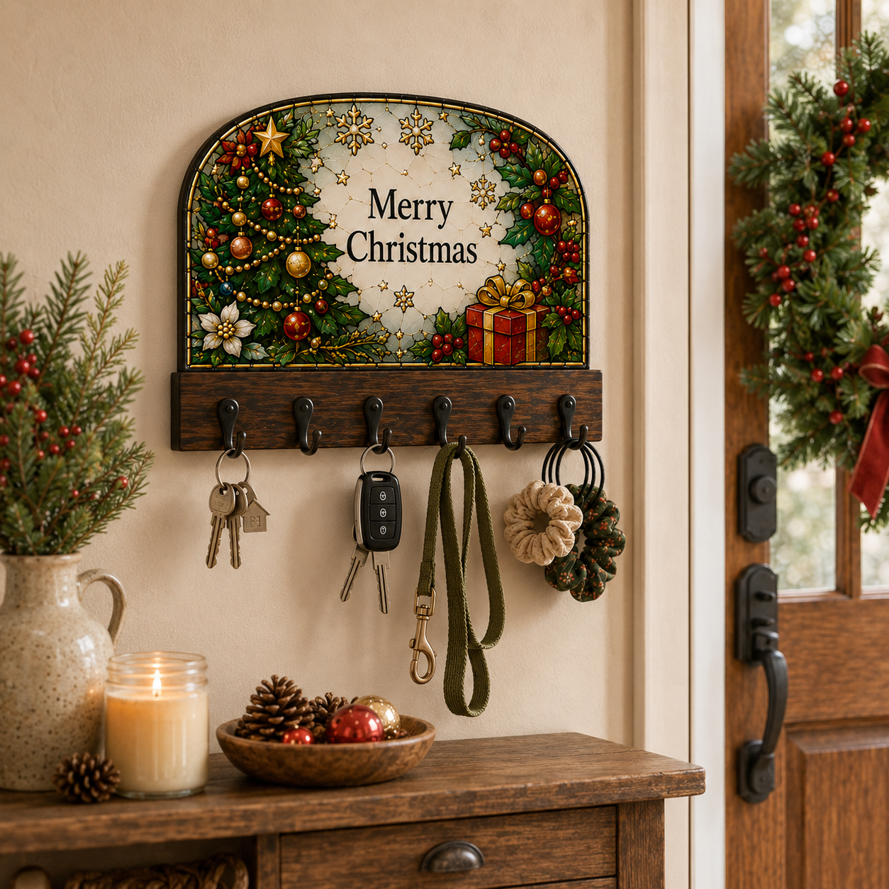 Christmas Key Holder | Stained Glass Style Wall Hooks | Holiday Entryway Organizer | Merry Christmas Decor | Housewarming Gift