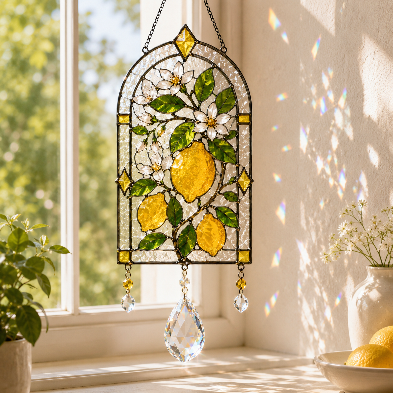 Lemon Suncatcher | Citrus Window Hanging | Crystal Rainbow Decor | Stained Glass Style Kitchen Decor | Housewarming Gift