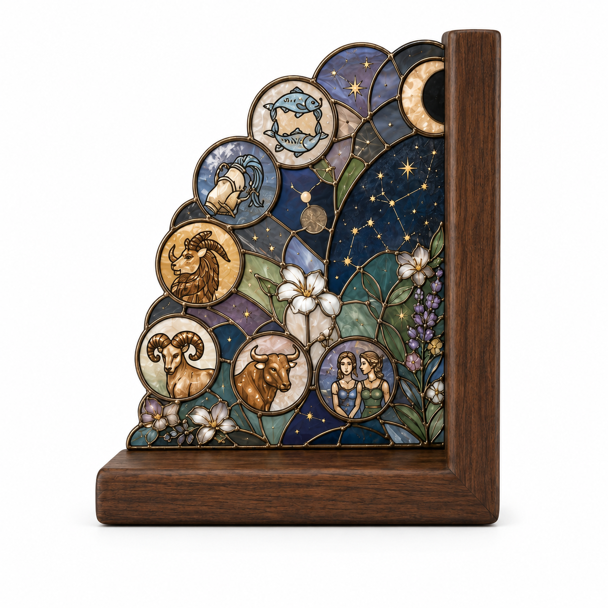 12 Zodiac Bookends | Wood Glass Bookend Set | Astrology Bookshelf Decor | Stained Glass Style Book Holder | Book Lover Gift