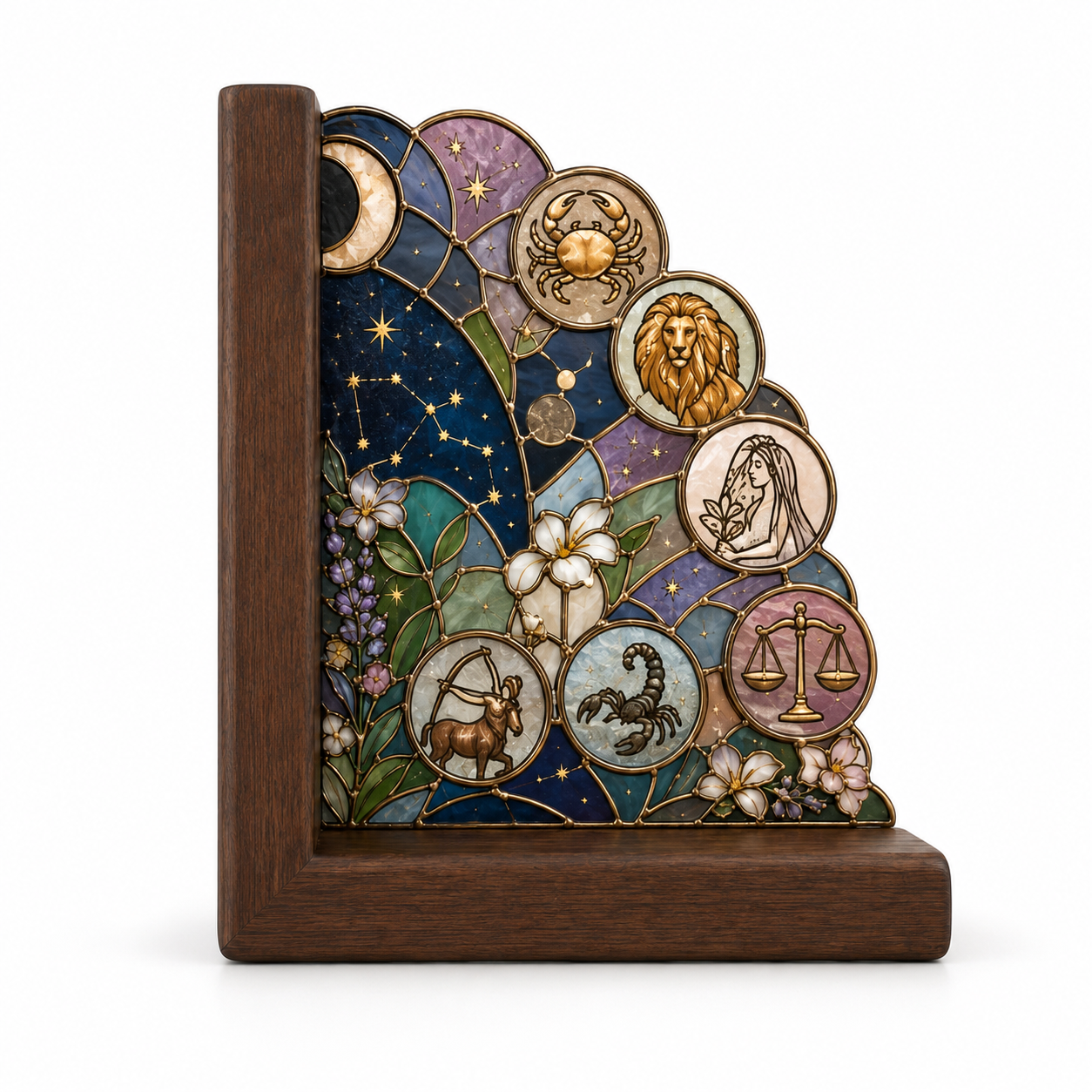 12 Zodiac Bookends | Wood Glass Bookend Set | Astrology Bookshelf Decor | Stained Glass Style Book Holder | Book Lover Gift