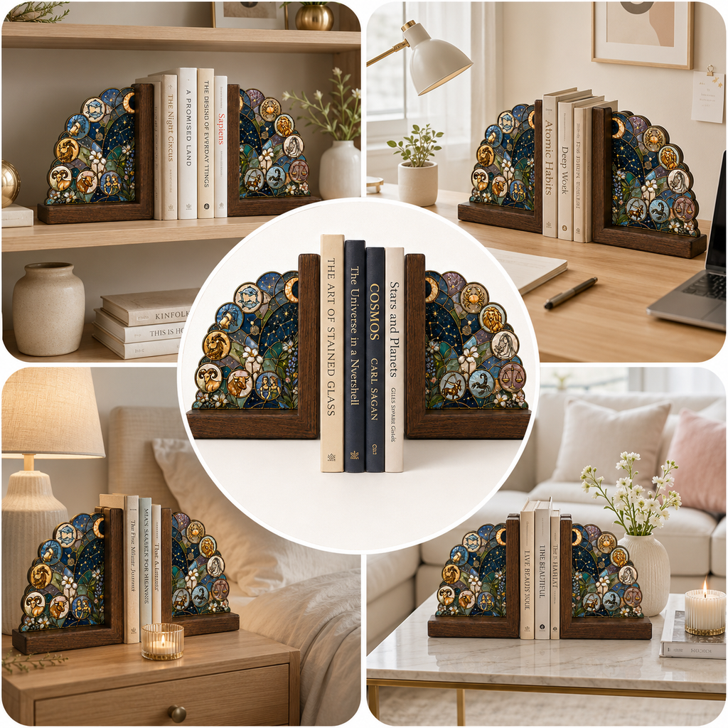 12 Zodiac Bookends | Wood Glass Bookend Set | Astrology Bookshelf Decor | Stained Glass Style Book Holder | Book Lover Gift