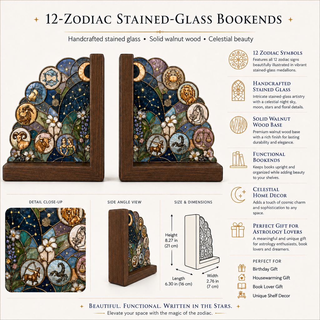 12 Zodiac Bookends | Wood Glass Bookend Set | Astrology Bookshelf Decor | Stained Glass Style Book Holder | Book Lover Gift