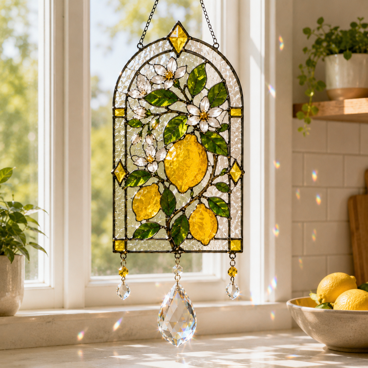 Lemon Suncatcher | Citrus Window Hanging | Crystal Rainbow Decor | Stained Glass Style Kitchen Decor | Housewarming Gift