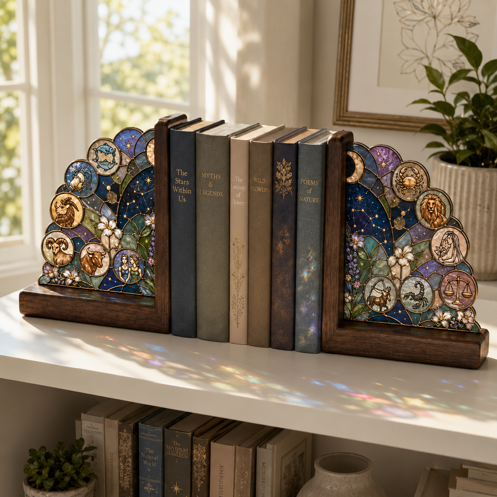 12 Zodiac Bookends | Wood Glass Bookend Set | Astrology Bookshelf Decor | Stained Glass Style Book Holder | Book Lover Gift
