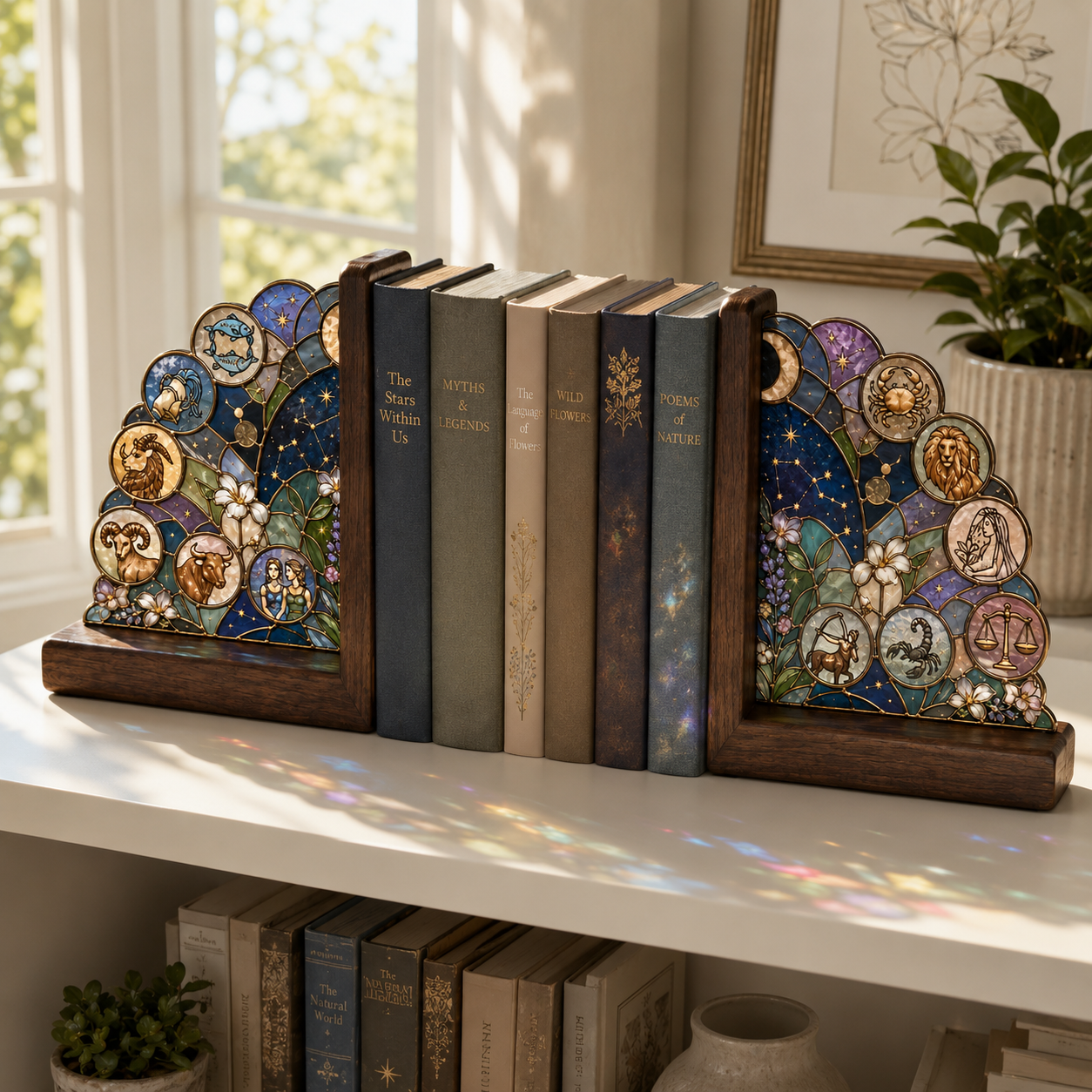12 Zodiac Bookends | Wood Glass Bookend Set | Astrology Bookshelf Decor | Stained Glass Style Book Holder | Book Lover Gift