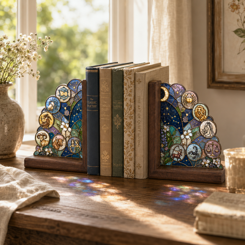 12 Zodiac Bookends | Wood Glass Bookend Set | Astrology Bookshelf Decor | Stained Glass Style Book Holder | Book Lover Gift