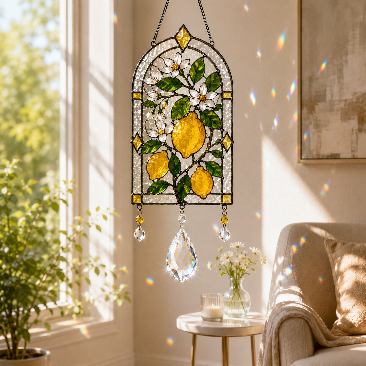 Lemon Suncatcher | Citrus Window Hanging | Crystal Rainbow Decor | Stained Glass Style Kitchen Decor | Housewarming Gift