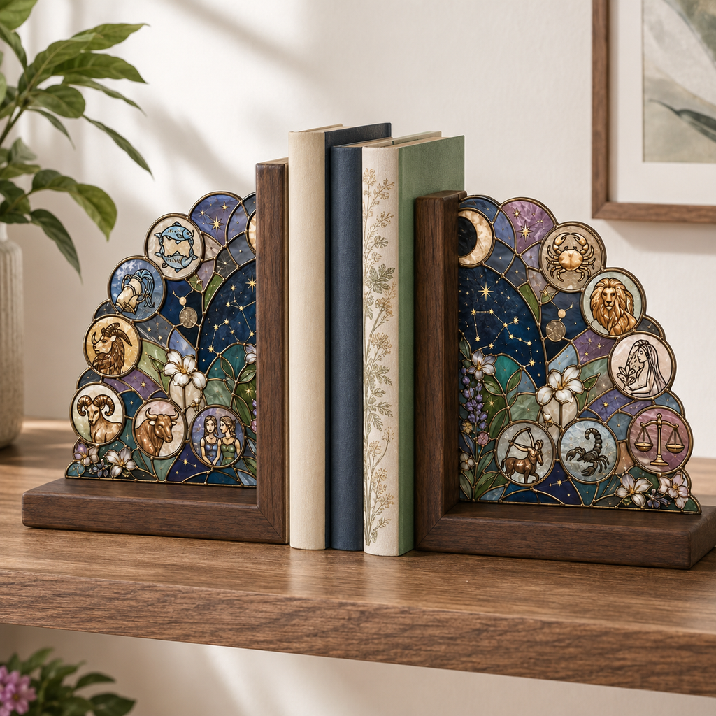 12 Zodiac Bookends | Wood Glass Bookend Set | Astrology Bookshelf Decor | Stained Glass Style Book Holder | Book Lover Gift