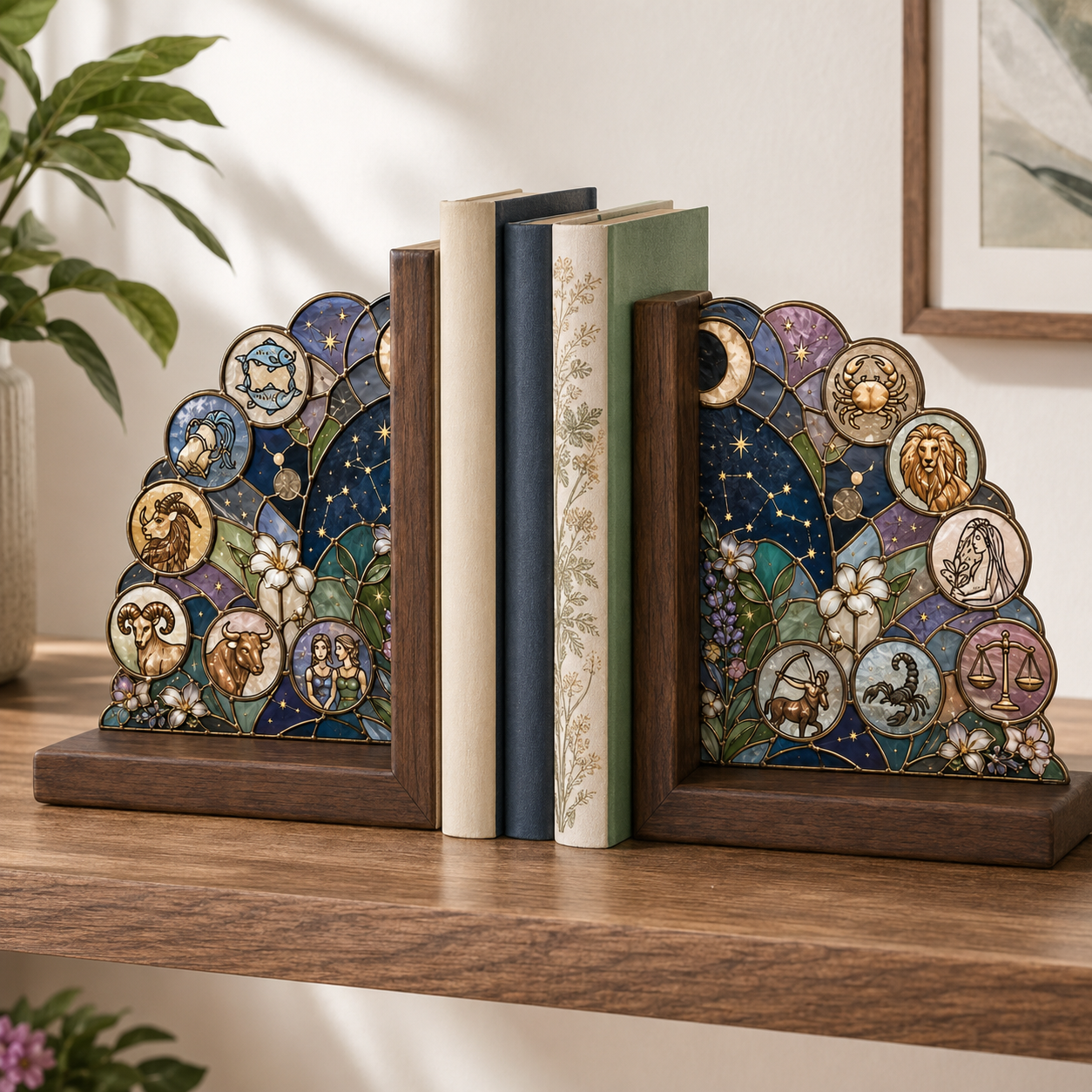 12 Zodiac Bookends | Wood Glass Bookend Set | Astrology Bookshelf Decor | Stained Glass Style Book Holder | Book Lover Gift