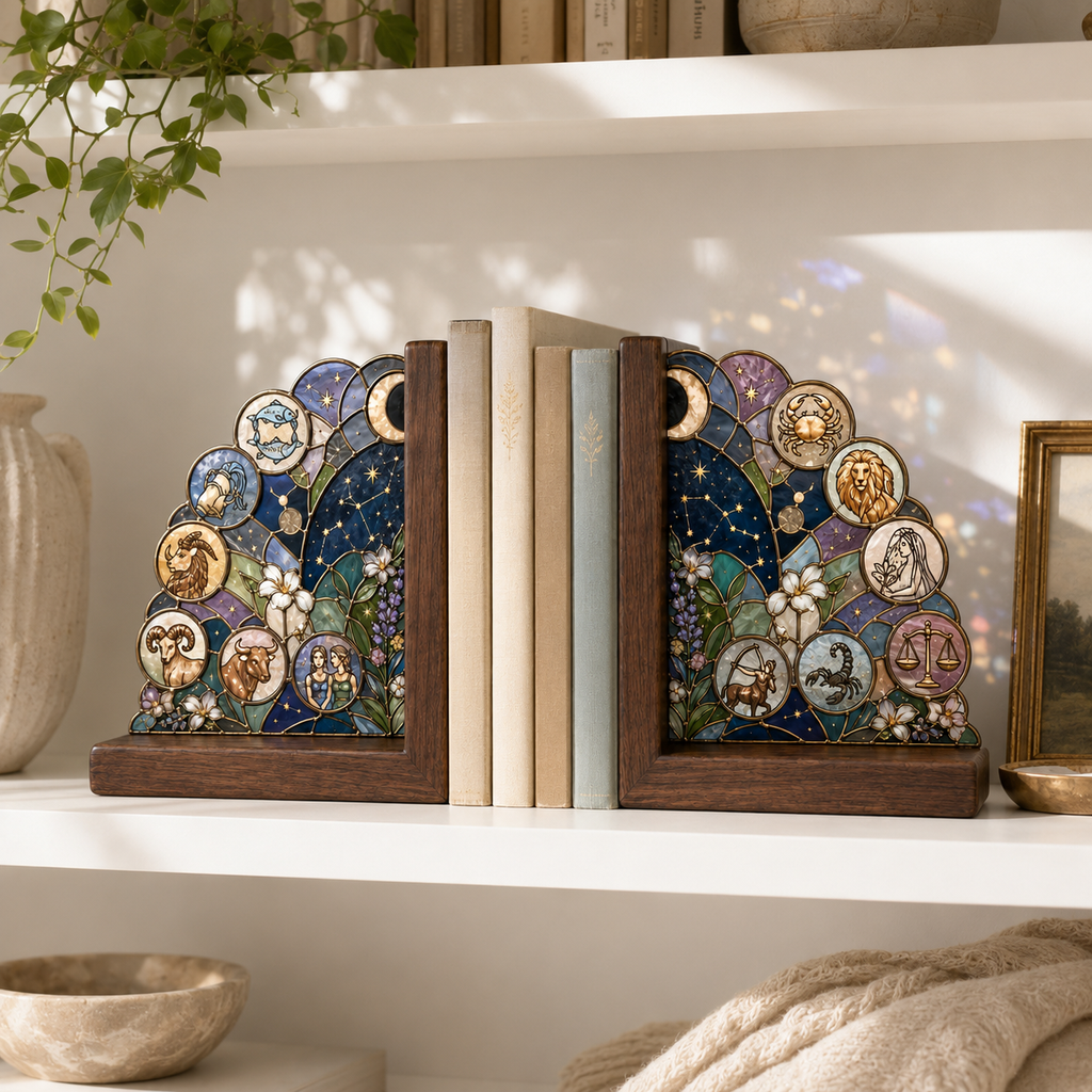 12 Zodiac Bookends | Wood Glass Bookend Set | Astrology Bookshelf Decor | Stained Glass Style Book Holder | Book Lover Gift