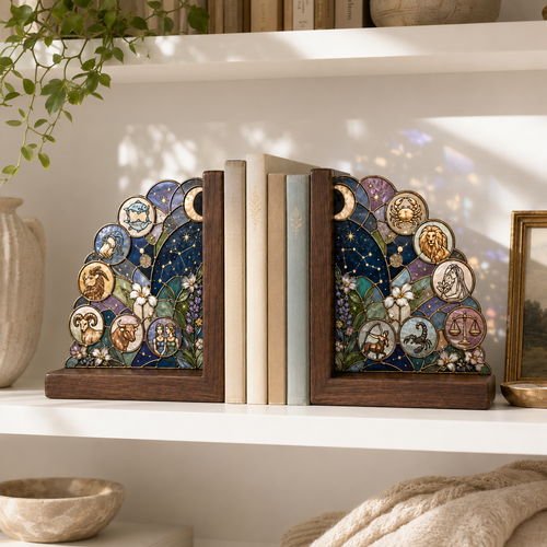 12 Zodiac Bookends | Wood Glass Bookend Set | Astrology Bookshelf Decor | Stained Glass Style Book Holder | Book Lover Gift