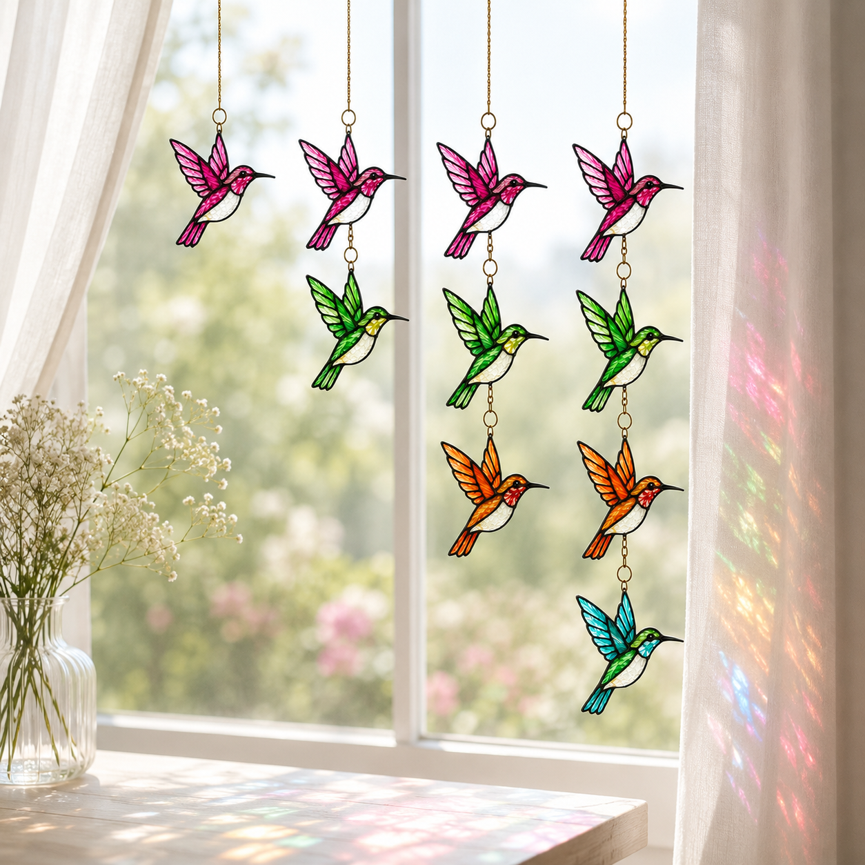 Hummingbird Suncatcher | Tiered Stained Glass Style Window Hanging | Colorful Bird Decor | Car Hanging Decor | Bird Lover Gift