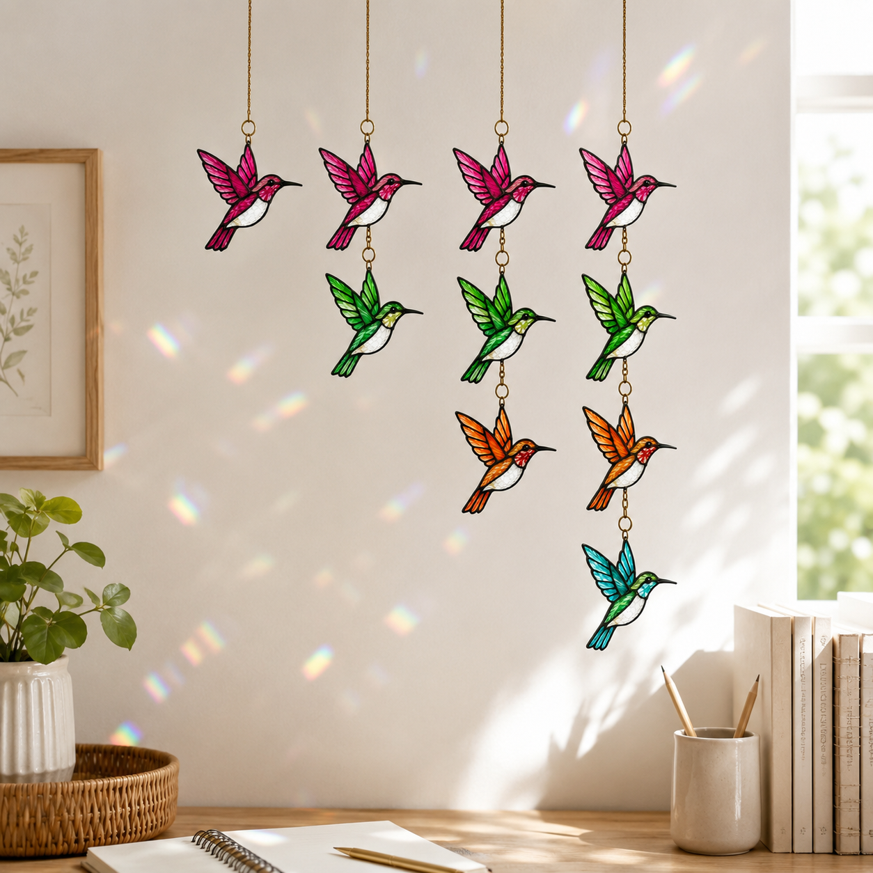 Hummingbird Suncatcher | Tiered Stained Glass Style Window Hanging | Colorful Bird Decor | Car Hanging Decor | Bird Lover Gift