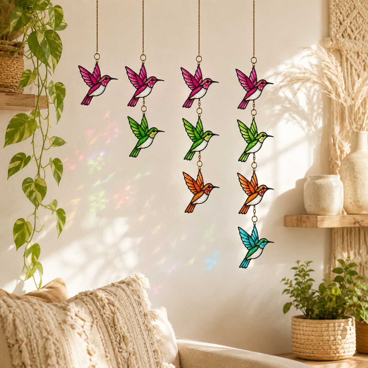 Hummingbird Suncatcher | Tiered Stained Glass Style Window Hanging | Colorful Bird Decor | Car Hanging Decor | Bird Lover Gift