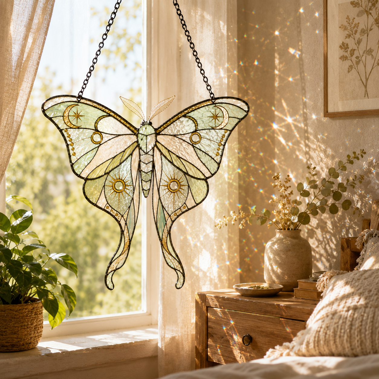 Luna Moth Suncatcher | Celestial Stained Glass Style Window Hanging | Moon Sun Decor | Car Hanging Decor | Nature Gift