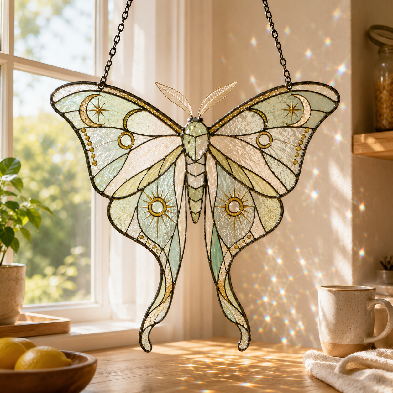 Luna Moth Suncatcher | Celestial Stained Glass Style Window Hanging | Moon Sun Decor | Car Hanging Decor | Nature Gift