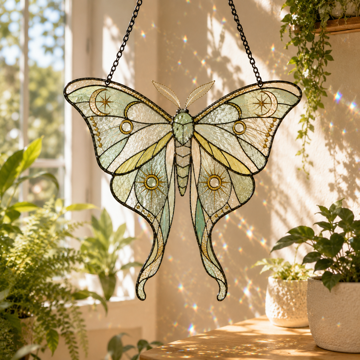Luna Moth Suncatcher | Celestial Stained Glass Style Window Hanging | Moon Sun Decor | Car Hanging Decor | Nature Gift