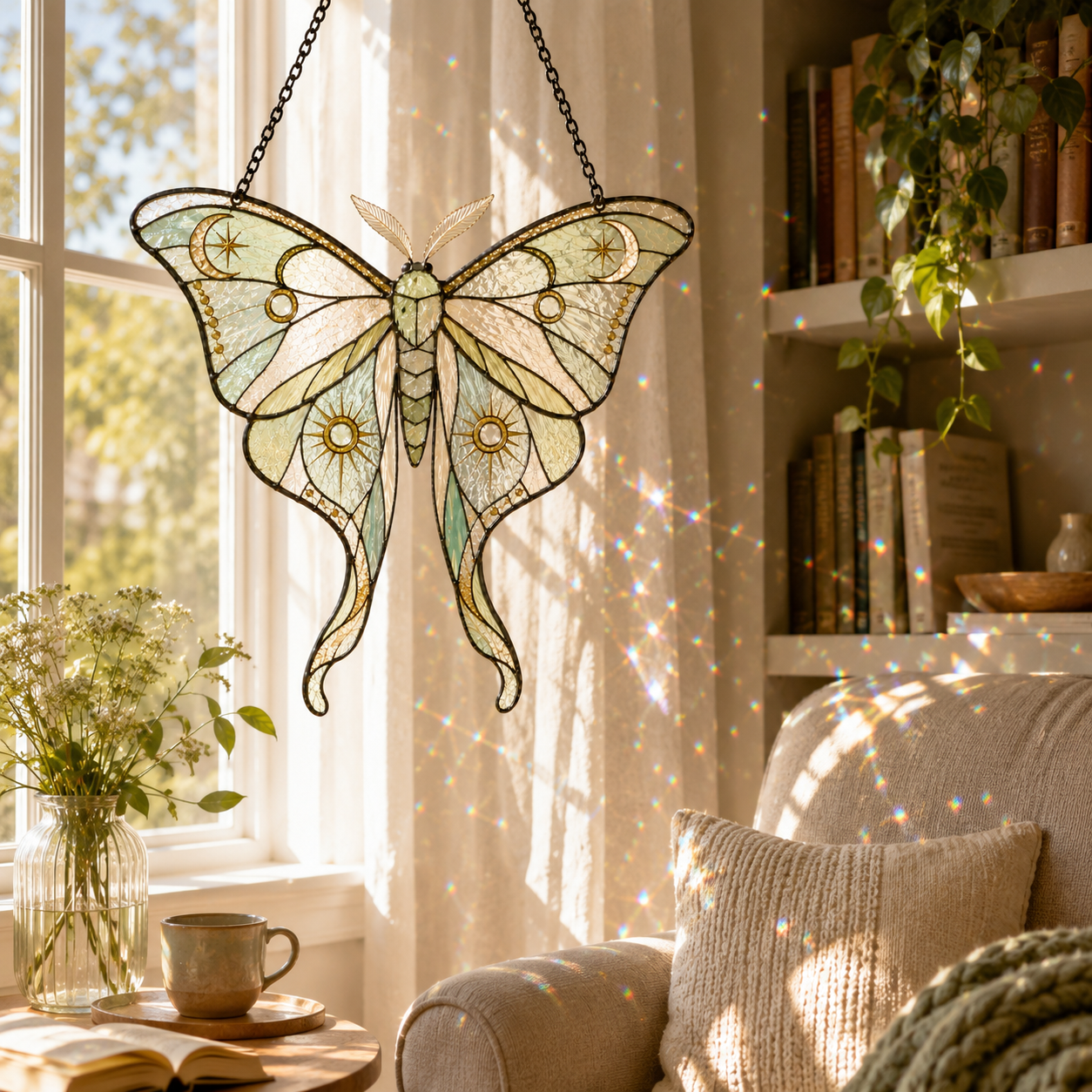Luna Moth Suncatcher | Celestial Stained Glass Style Window Hanging | Moon Sun Decor | Car Hanging Decor | Nature Gift