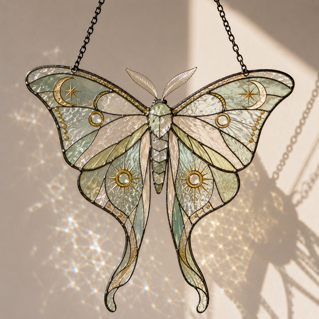 Halloween Luna Moth Suncatcher | Stained Glass Style Window Hanging | Witchy Moon Star Decor | Car Hanging Decor | Moth Gift
