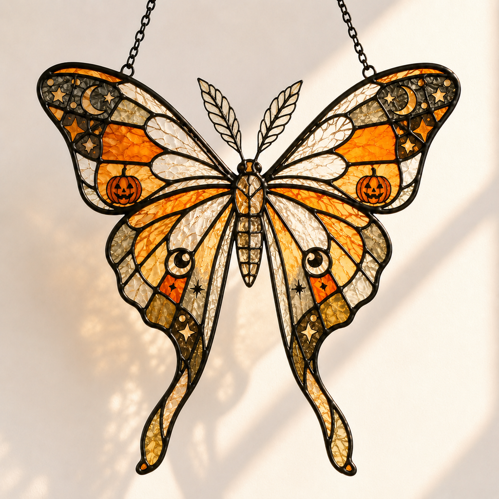 Halloween Luna Moth Suncatcher | Stained Glass Style Window Hanging | Witchy Moon Star Decor | Car Hanging Decor | Moth Gift