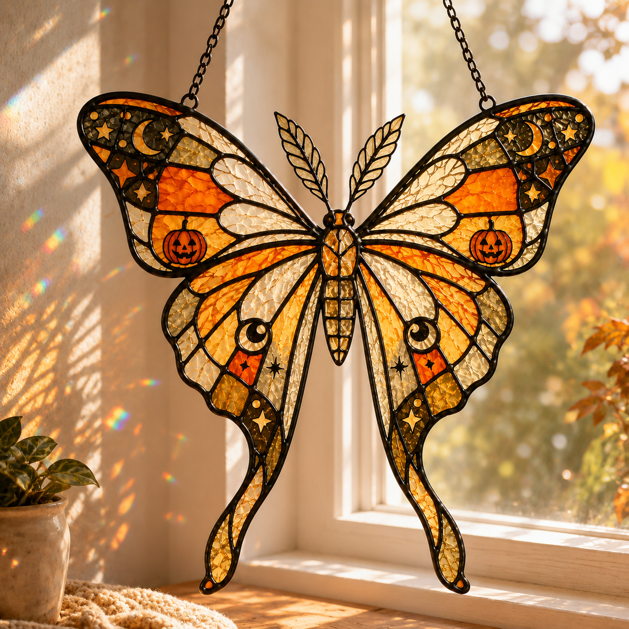 Halloween Luna Moth Suncatcher | Stained Glass Style Window Hanging | Pumpkin Moon Star Decor | Car Hanging Decor | Witchy Gift