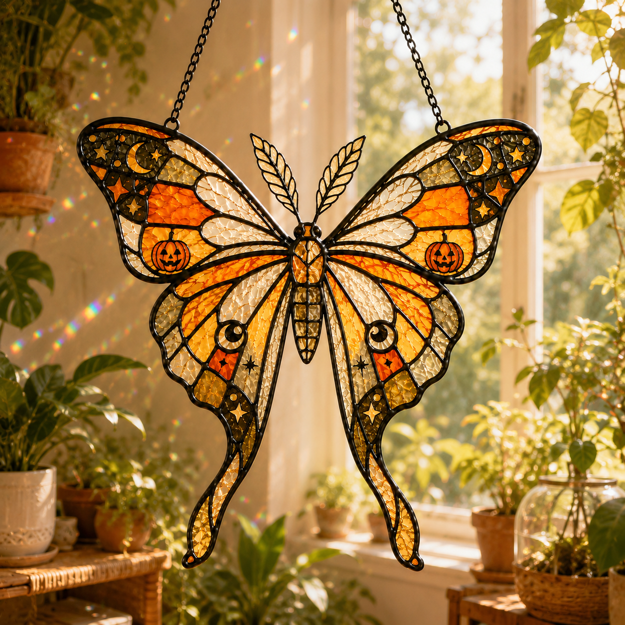 Halloween Luna Moth Suncatcher | Stained Glass Style Window Hanging | Pumpkin Moon Star Decor | Car Hanging Decor | Witchy Gift