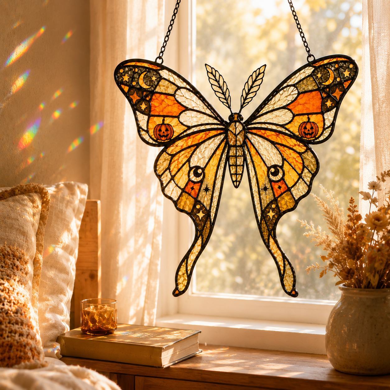 Halloween Luna Moth Suncatcher | Stained Glass Style Window Hanging | Pumpkin Moon Star Decor | Car Hanging Decor | Witchy Gift