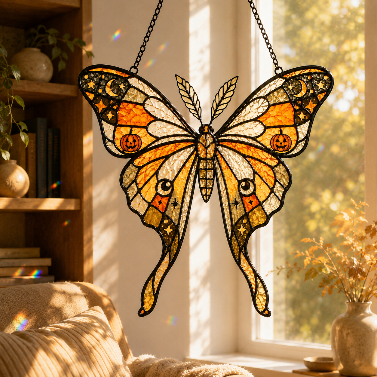 Halloween Luna Moth Suncatcher | Stained Glass Style Window Hanging | Pumpkin Moon Star Decor | Car Hanging Decor | Witchy Gift