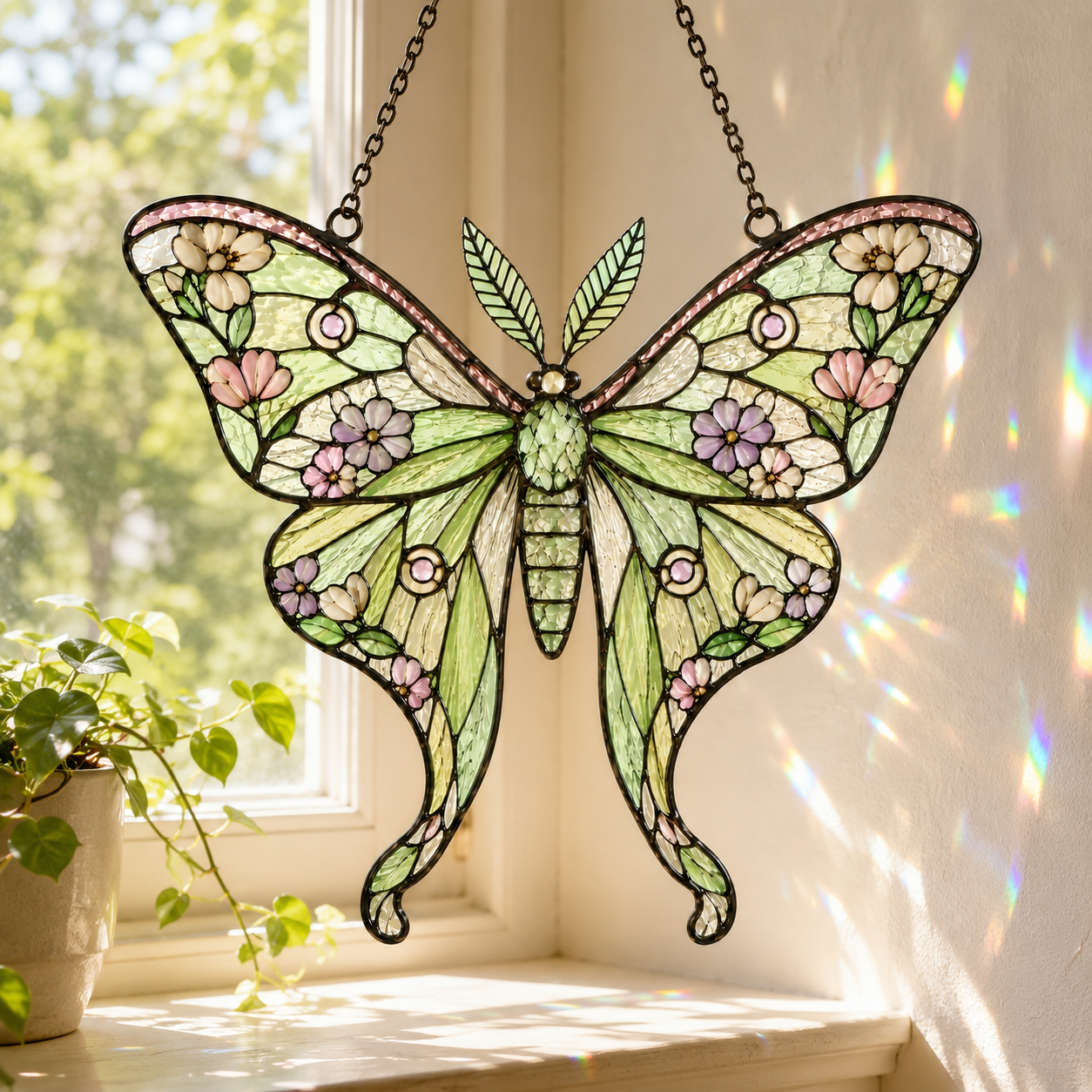 Floral Luna Moth Suncatcher | Stained Glass Style Window Hanging | Botanical Moon Moth Decor | Car Hanging Decor | Nature Gift