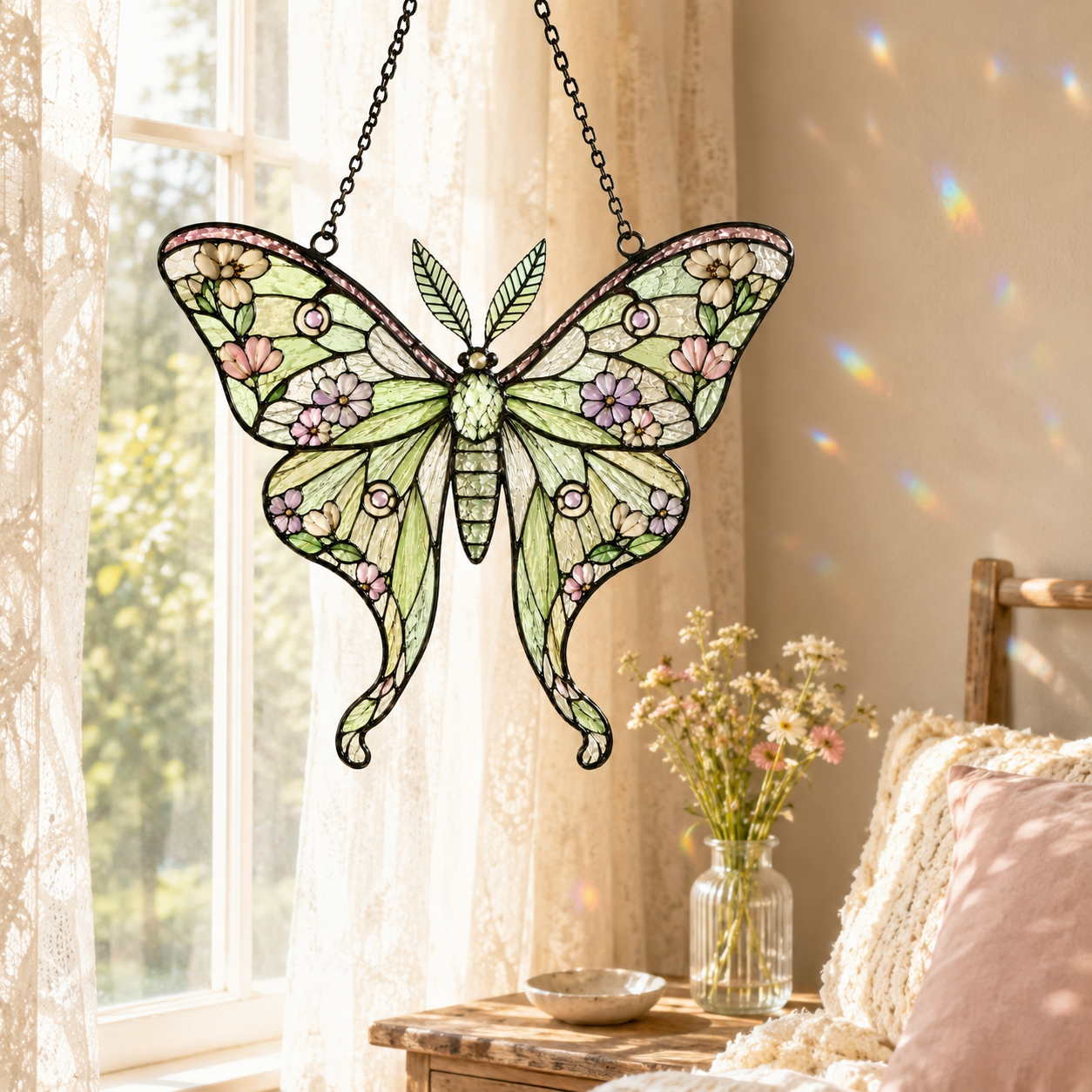Floral Luna Moth Suncatcher | Stained Glass Style Window Hanging | Botanical Moon Moth Decor | Car Hanging Decor | Nature Gift
