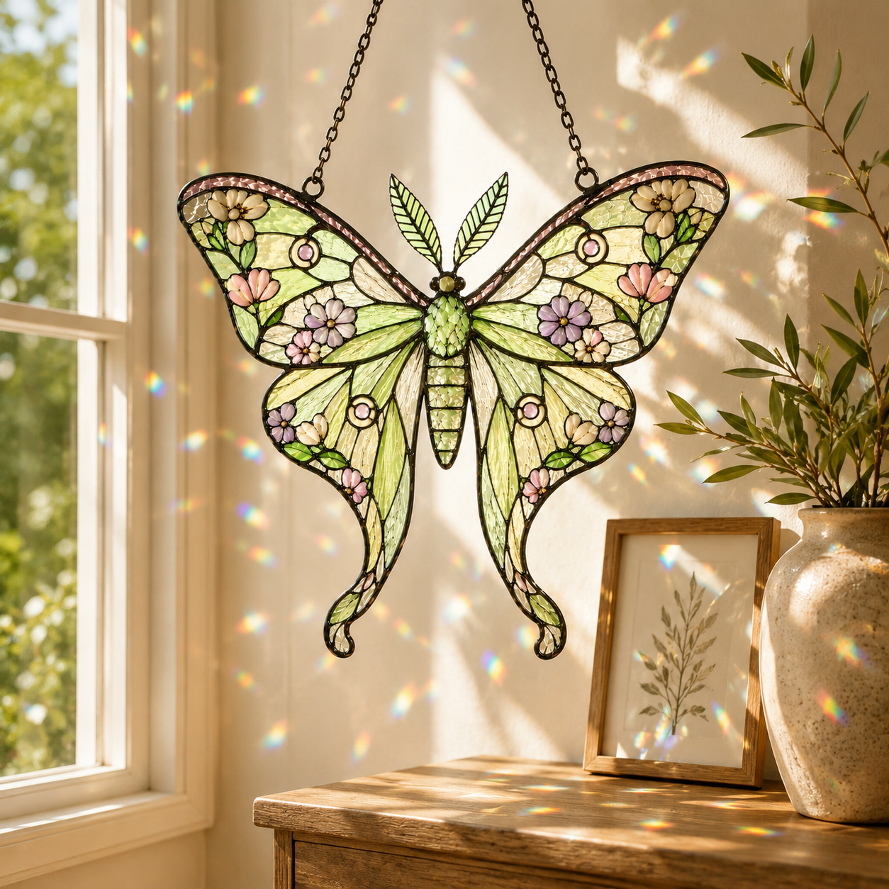 Floral Luna Moth Suncatcher | Stained Glass Style Window Hanging | Botanical Moon Moth Decor | Car Hanging Decor | Nature Gift