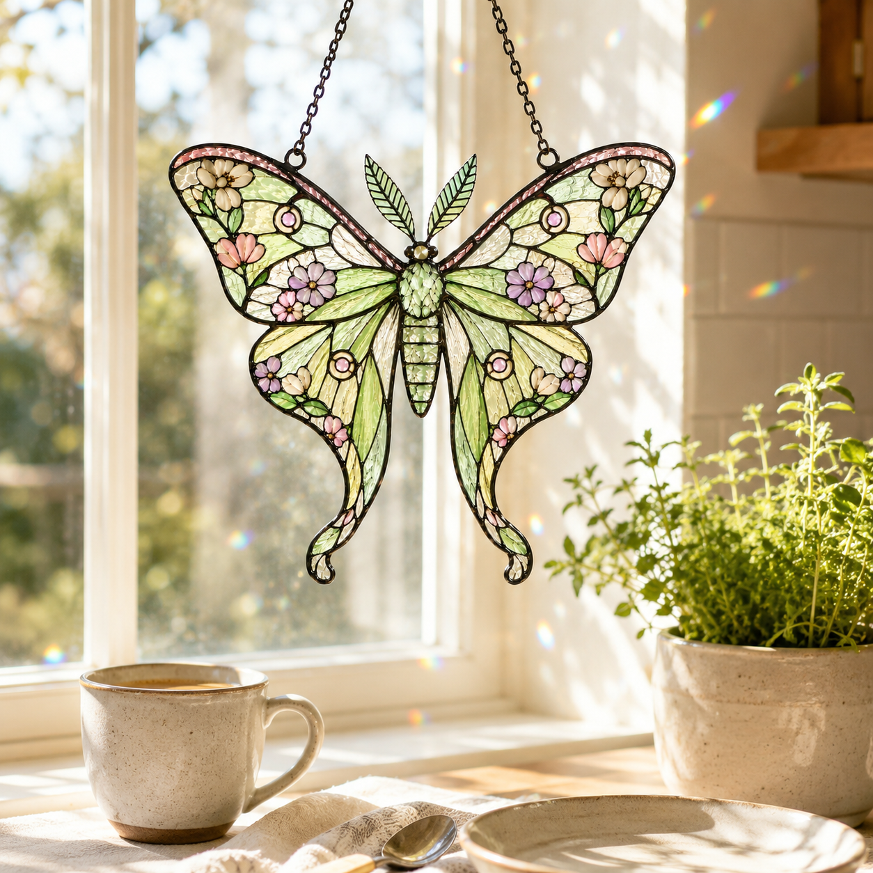 Floral Luna Moth Suncatcher | Stained Glass Style Window Hanging | Botanical Moon Moth Decor | Car Hanging Decor | Nature Gift
