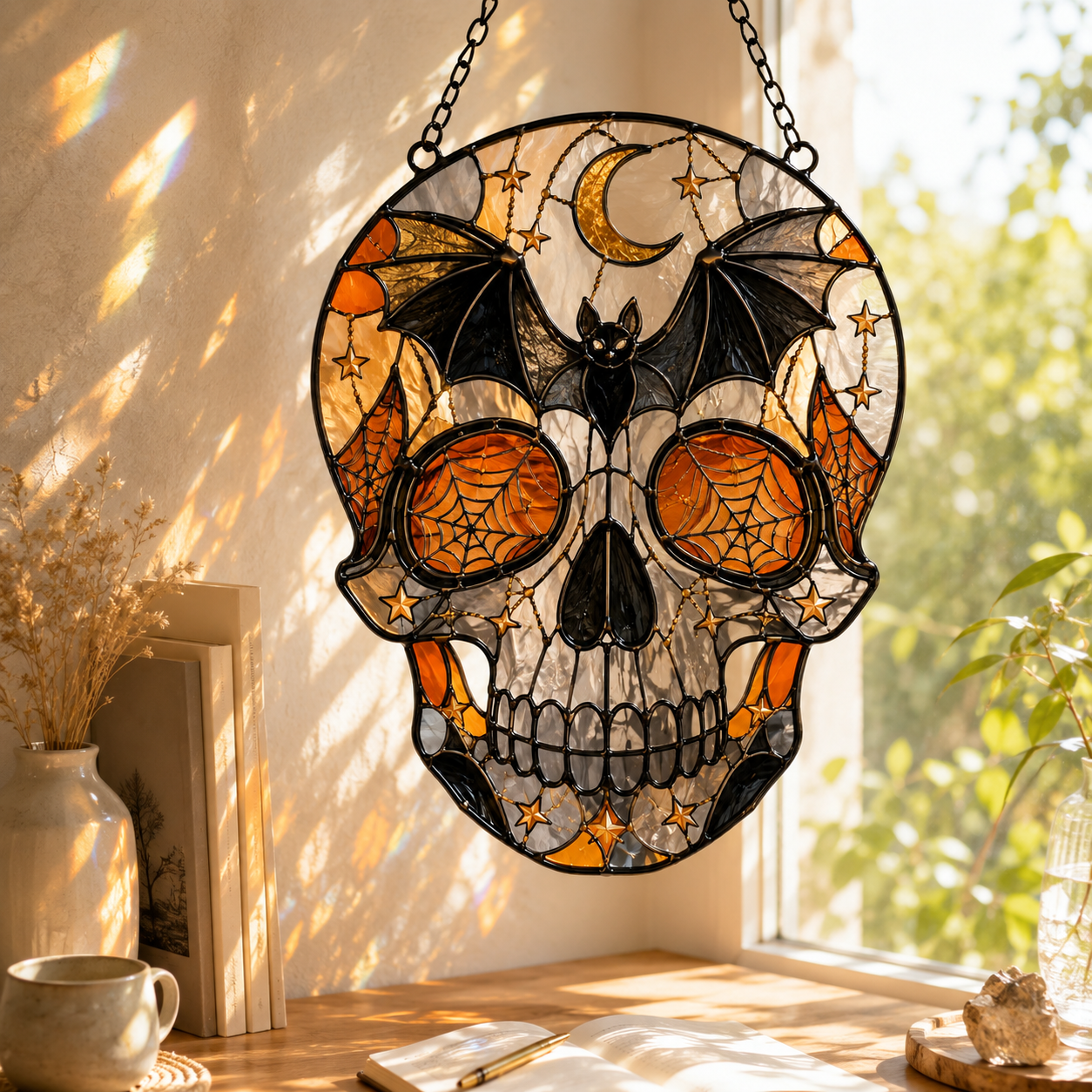 Halloween Skull Suncatcher | Bat Moon Spider Web Window Hanging | Stained Glass Style Gothic Decor | Car Ornament Gift