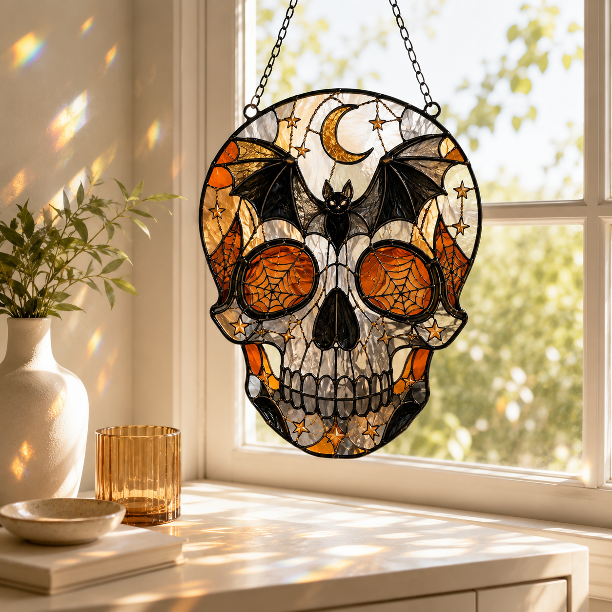 Halloween Skull Suncatcher | Bat Moon Spider Web Window Hanging | Stained Glass Style Gothic Decor | Car Ornament Gift