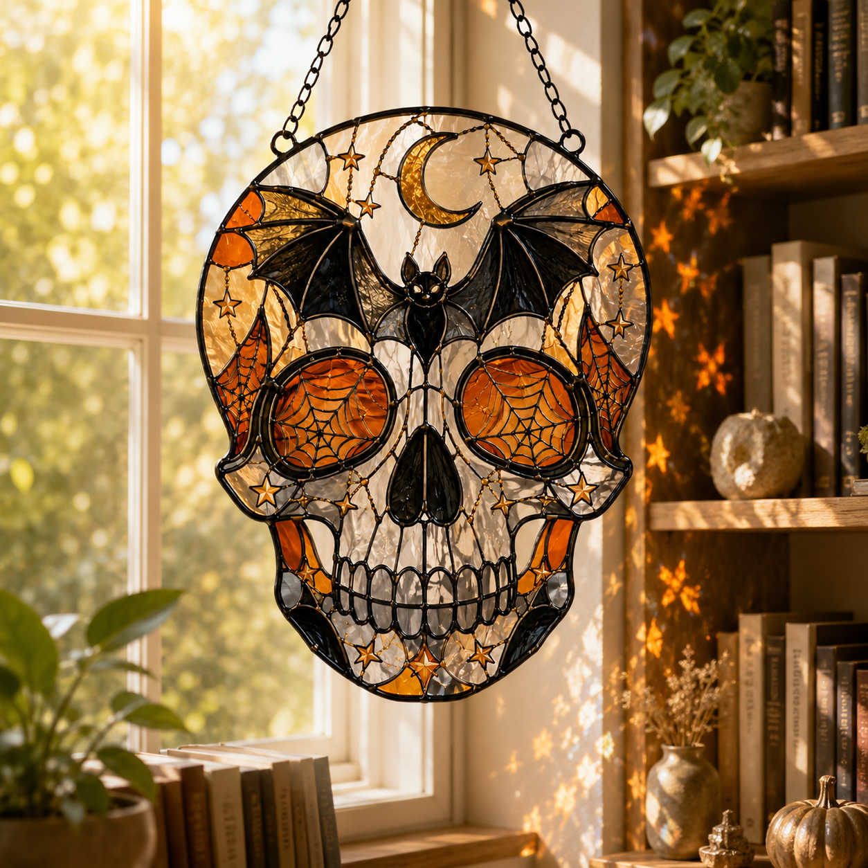 Halloween Skull Suncatcher | Bat Moon Spider Web Window Hanging | Stained Glass Style Gothic Decor | Car Ornament Gift