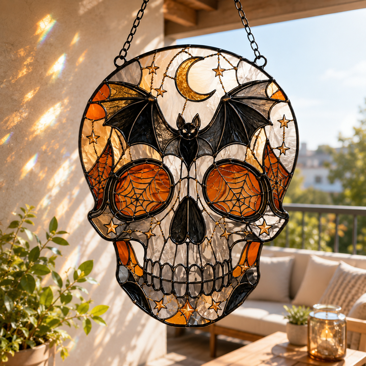 Halloween Skull Suncatcher | Bat Moon Spider Web Window Hanging | Stained Glass Style Gothic Decor | Car Ornament Gift